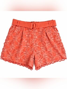 Shore Eyelet Shorts M Coral High Waist Belted Vacation Resort